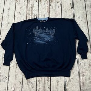 Vintage 90s Landscape Outdoor Winter 1990s Blue Crewneck Sweatshirt
